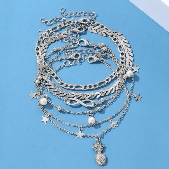 6 PC SET of Silver Summer Tropical Celestial Eternity Theme Chain Anklets - NEW - Picture 3 of 4